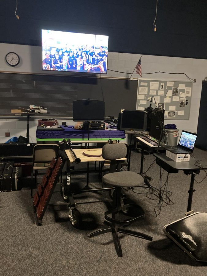 The setup in the classroom for Ryan Rowles, where he tackles being the new band director from afar.