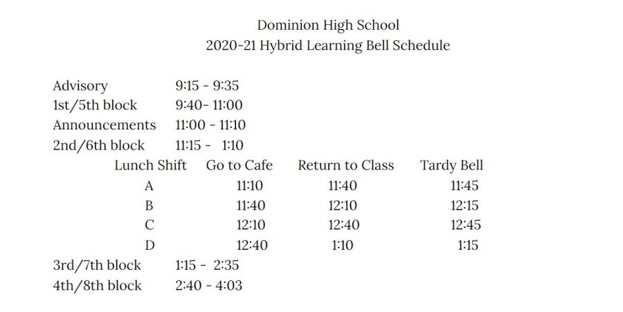 Starting January 21 the bell schedule will be changing in preparation for a return to hybrid learning.