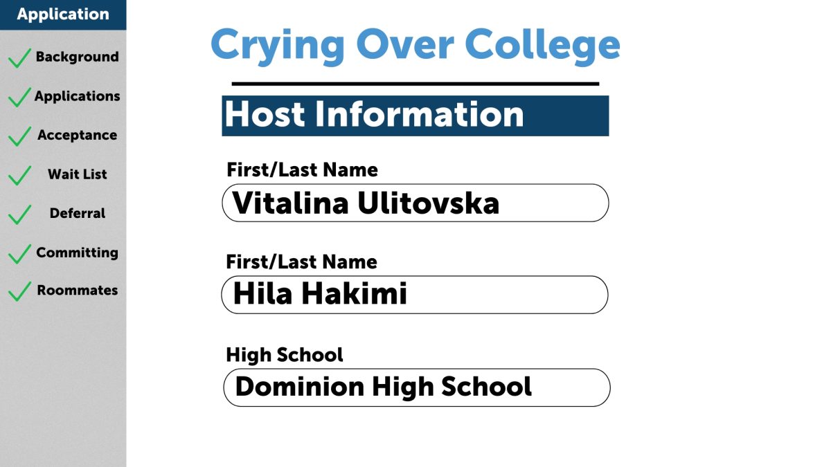 Crying over college is the podcast where two seniors at Dominion High 
School, Vitalina Ulitovska and Hila Hakimi, dive into the real emotions and drama that comes with college applications, opening decision letters, and searching for roommates. We are giving you the unfiltered truth and reality of it all. 

Coming from two different backgrounds and unique experiences, we bring you our perspectives and advice while navigating through this process. Whether you are struggling with your essays, dealing with the stress of decisions, or just need someone to laugh or cry with, we got you covered. Tune in for our honest opinions, relatable stories, and the genuinely worst times of our lives. 
